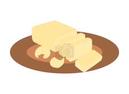 Téléchargez les illustrations : Natural butter and cut pieces on wooden round plate. Dairy products. Vector illustration isolated design - en licence libre de droit