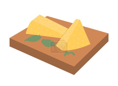 Téléchargez les illustrations : Pieces of hard yellow cheese on wooden board with leaves. Dairy products. Vector illustration isolated design - en licence libre de droit