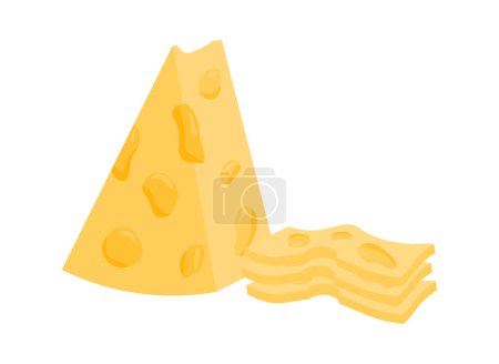 Téléchargez les illustrations : Triangular piece of cheese with holes and cut slices. Dairy products. Vector illustration isolated design - en licence libre de droit
