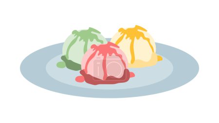 Téléchargez les illustrations : Colored balls of ice cream with fruit topping on plate. Dairy products. Vector illustration isolated design - en licence libre de droit