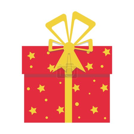 Illustration for Gift in box with red wrapping paper with stars pattern, yellow ribbon and bow. Vector illustration isolated design - Royalty Free Image