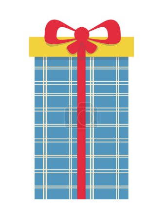 Illustration for Festive gift in box with blue checkered wrapping paper, red ribbon and bow. Vector illustration isolated design - Royalty Free Image
