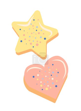 Illustration for Icing cookies in shape of star and heart. Cooking homemade cakes and desserts. Vector illustration isolated design - Royalty Free Image
