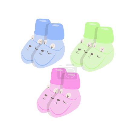 Illustration for Blue, green and pink booties with cute rabbit faces. Clothing for infant kids. Vector illustration isolated design - Royalty Free Image