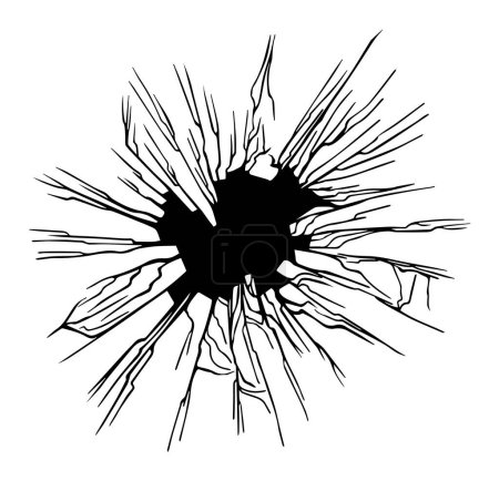 Ilustración de Broken glass effect with cracked black bullet hole with cracks. Vector illustration of isolated template design - Imagen libre de derechos