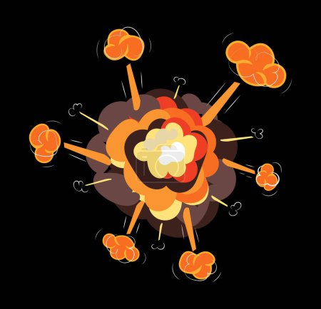 Téléchargez les illustrations : Bomb explosion with dust gas and fire flashes and clouds. Vector illustration in comic cartoon design - en licence libre de droit