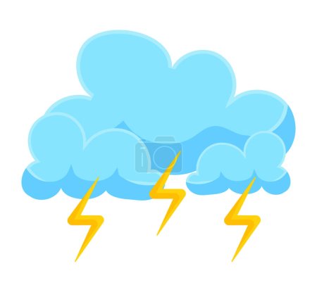 Téléchargez les illustrations : Blue clouds and lightning, thunderstorm symbol. Weather forecast element. Vector illustration in cartoon design - en licence libre de droit