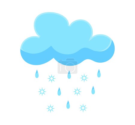Ilustración de Blue snow cloud, raindrops and snowflakes. Weather forecast element. Vector illustration in cartoon design - Imagen libre de derechos