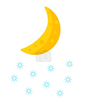 Illustration for Crescent moon and falling snowflakes at night. Weather forecast element. Vector illustration in cartoon design - Royalty Free Image