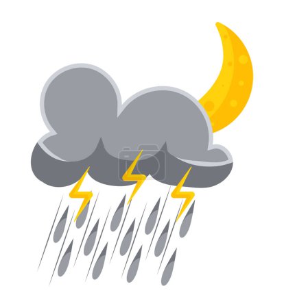 Ilustración de Crescent moon, grey cloud, rain and lightning. Weather forecast element. Vector illustration in cartoon design - Imagen libre de derechos