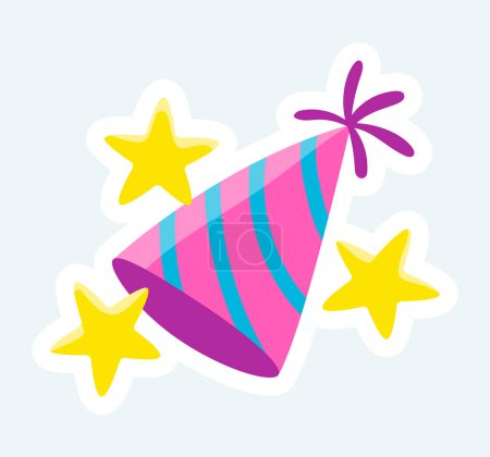 Ilustración de Cute striped festive hat with stars for celebrates birthday. Vector illustration in cartoon sticker design - Imagen libre de derechos
