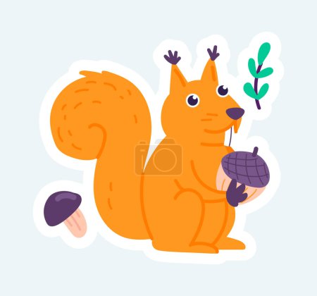 Téléchargez les illustrations : Cute squirrel holding acorn, forest animal at camping journey. Vector illustration in cartoon sticker design - en licence libre de droit