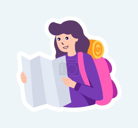 Ilustración de Happy woman with camping backpack holding map for hiking. Vector illustration in cartoon sticker design - Imagen libre de derechos