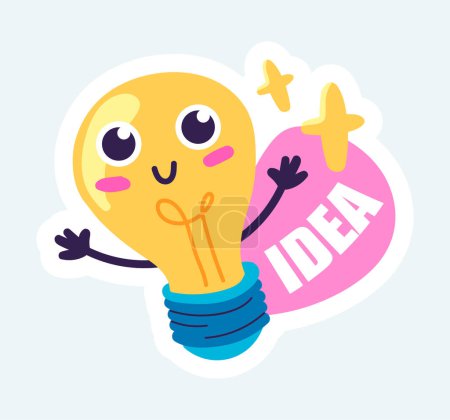 Ilustración de Happy light bulb with cute face generating creative ideas. Vector illustration in cartoon sticker design - Imagen libre de derechos