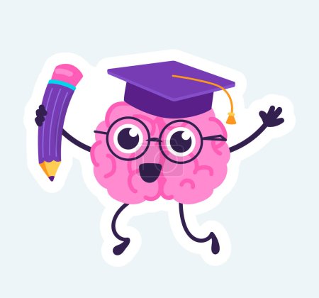 Téléchargez les illustrations : Happy brain with cute face in graduation hat. Science and education. Vector illustration in cartoon sticker design - en licence libre de droit
