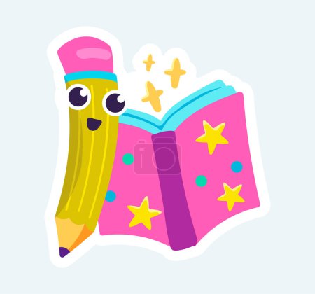 Illustration for Happy pencil with cute face and open book. Science and education. Vector illustration in cartoon sticker design - Royalty Free Image