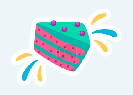 Illustration for Color piece of cake with icing and decoration. Desserts and pastry. Vector illustration in cartoon sticker design - Royalty Free Image
