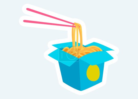 Ilustración de Asian wok noodles in box with chopsticks. Fast food and takeaway. Vector illustration in cartoon sticker design - Imagen libre de derechos
