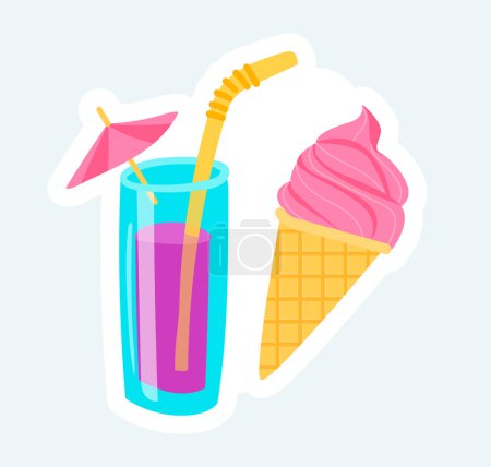 Téléchargez les illustrations : Ice cream cone and summer cocktail. Desserts and pastry. Vector illustration in cartoon sticker design - en licence libre de droit