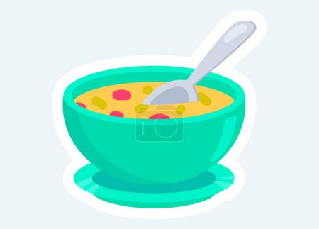 Ilustración de Delicious soup in bowl with spoon. Cooking and eating food. Vector illustration in cartoon sticker design - Imagen libre de derechos