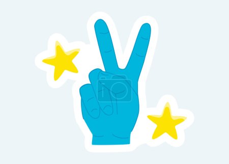 Ilustración de Human hand with two fingers shows victory and peace gesture. Vector illustration in cartoon sticker design - Imagen libre de derechos