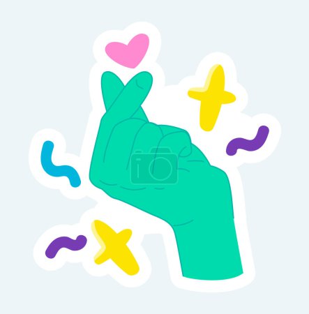 Téléchargez les illustrations : Human hand with two fingers shows Korean symbol of love. Vector illustration in cartoon sticker design - en licence libre de droit
