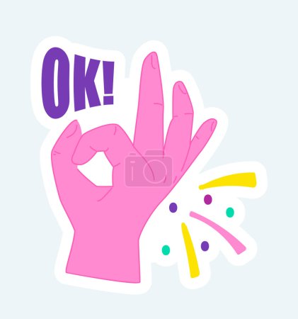 Illustration for Human hand with two fingers shows ok and approve gesture. Vector illustration in cartoon sticker design - Royalty Free Image