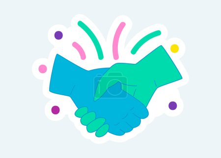 Ilustración de Human hands shake, gesture of agreement and business cooperation. Vector illustration in cartoon sticker design - Imagen libre de derechos