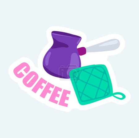 Illustration for Kitchen potholder and making coffee in cezve. Cozy home elements. Vector illustration in cartoon sticker design - Royalty Free Image