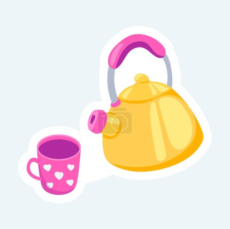 Téléchargez les illustrations : Teapot and cute cup for tea or coffee. Cozy home elements. Vector illustration in cartoon sticker design - en licence libre de droit