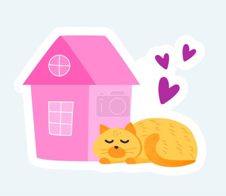 Ilustración de Cute cat sleeps near lovely pink house. Cozy home elements. Vector illustration in cartoon sticker design - Imagen libre de derechos