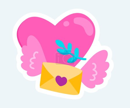 Téléchargez les illustrations : Love letter with wings and huge pink heart, romantic valentines. Vector illustration in cartoon sticker design - en licence libre de droit