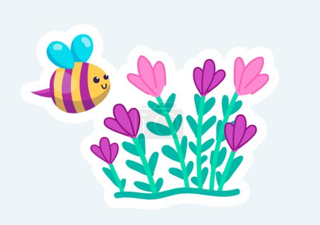Ilustración de Cute bee flies over blooming flowers. Spring and summer nature season. Vector illustration in cartoon sticker design - Imagen libre de derechos