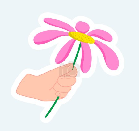 Téléchargez les illustrations : Human hand holding big pink flower. Spring and summer nature season. Vector illustration in cartoon sticker design - en licence libre de droit