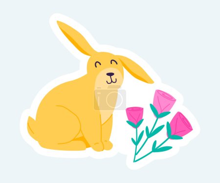 Ilustración de Cute rabbit or hare sits near rose flowers. Spring nature season. Vector illustration in cartoon sticker design - Imagen libre de derechos
