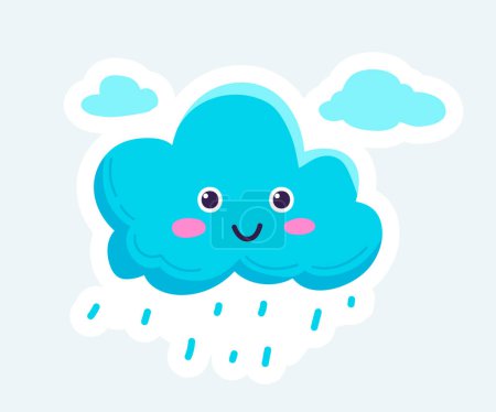 Ilustración de Cute cloud with smiling face and raindrops. Spring nature season. Vector illustration in cartoon sticker design - Imagen libre de derechos