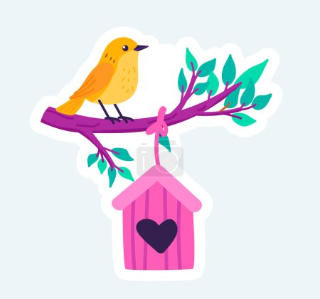 Téléchargez les illustrations : Bird sits on tree branch by wooden birdhouse. Spring nature season. Vector illustration in cartoon sticker design - en licence libre de droit