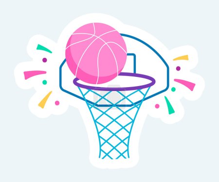 Illustration for Ball in basketball net. Sports training and championship competition. Vector illustration in cartoon sticker design - Royalty Free Image