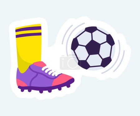 Ilustración de Football player foot kicking soccer ball. Sports and competition. Vector illustration in cartoon sticker design - Imagen libre de derechos