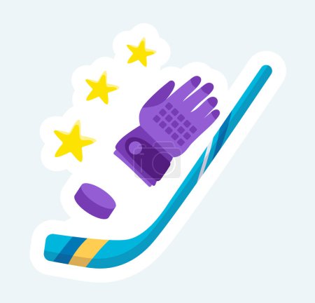 Illustration for Hockey glove, stick and puck. Winter sports and seasonal activities. Vector illustration in cartoon sticker design - Royalty Free Image