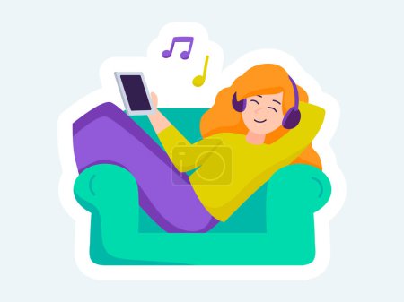 Illustration for Happy woman in headphones listening to music. Stay at home. Vector illustration in cartoon sticker design - Royalty Free Image