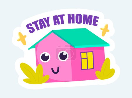 Téléchargez les illustrations : Sweet house with smiling face and Stay at home text quote. Vector illustration in cartoon sticker design - en licence libre de droit