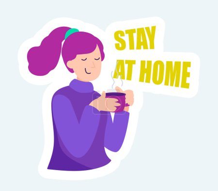 Téléchargez les illustrations : Happy woman drinking hot tea or coffee. Stay at home. Vector illustration in cartoon sticker design - en licence libre de droit