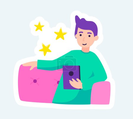 Téléchargez les illustrations : Man using smartphone for networking and chatting online. Stay at home. Vector illustration in cartoon sticker design - en licence libre de droit
