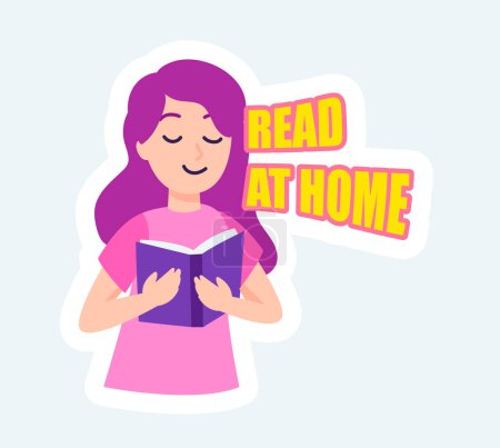 Téléchargez les illustrations : Happy woman reading book and doing hobby. Stay at home. Vector illustration in cartoon sticker design - en licence libre de droit