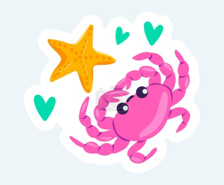 Illustration for Pink crab with cute smiling face and starfish. Summer vacation. Vector illustration in cartoon sticker design - Royalty Free Image