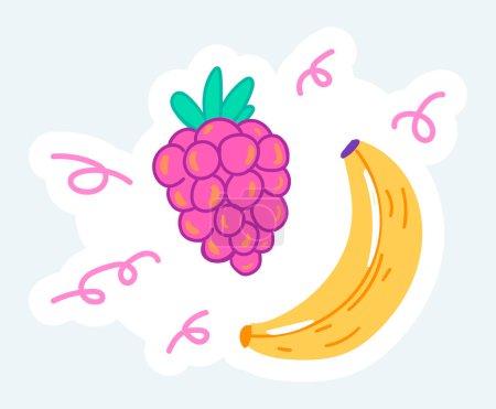 Téléchargez les illustrations : Fresh banana and grapes, seasonal fruits. Summer vacation. Vector illustration in cartoon sticker design - en licence libre de droit