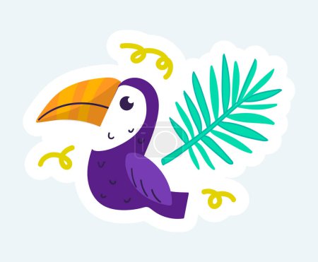 Téléchargez les illustrations : Cute toucan and jungle tropical palm leaf. Summer vacation. Vector illustration in cartoon sticker design - en licence libre de droit