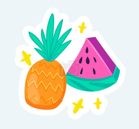 Téléchargez les illustrations : Fresh pineapple and watermelon, seasonal fruits. Summer vacation. Vector illustration in cartoon sticker design - en licence libre de droit