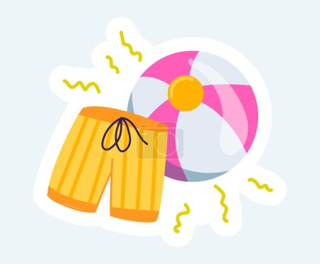 Téléchargez les illustrations : Yellow shorts and ball for play at beach. Summertime rest. Vector illustration in cartoon sticker design - en licence libre de droit